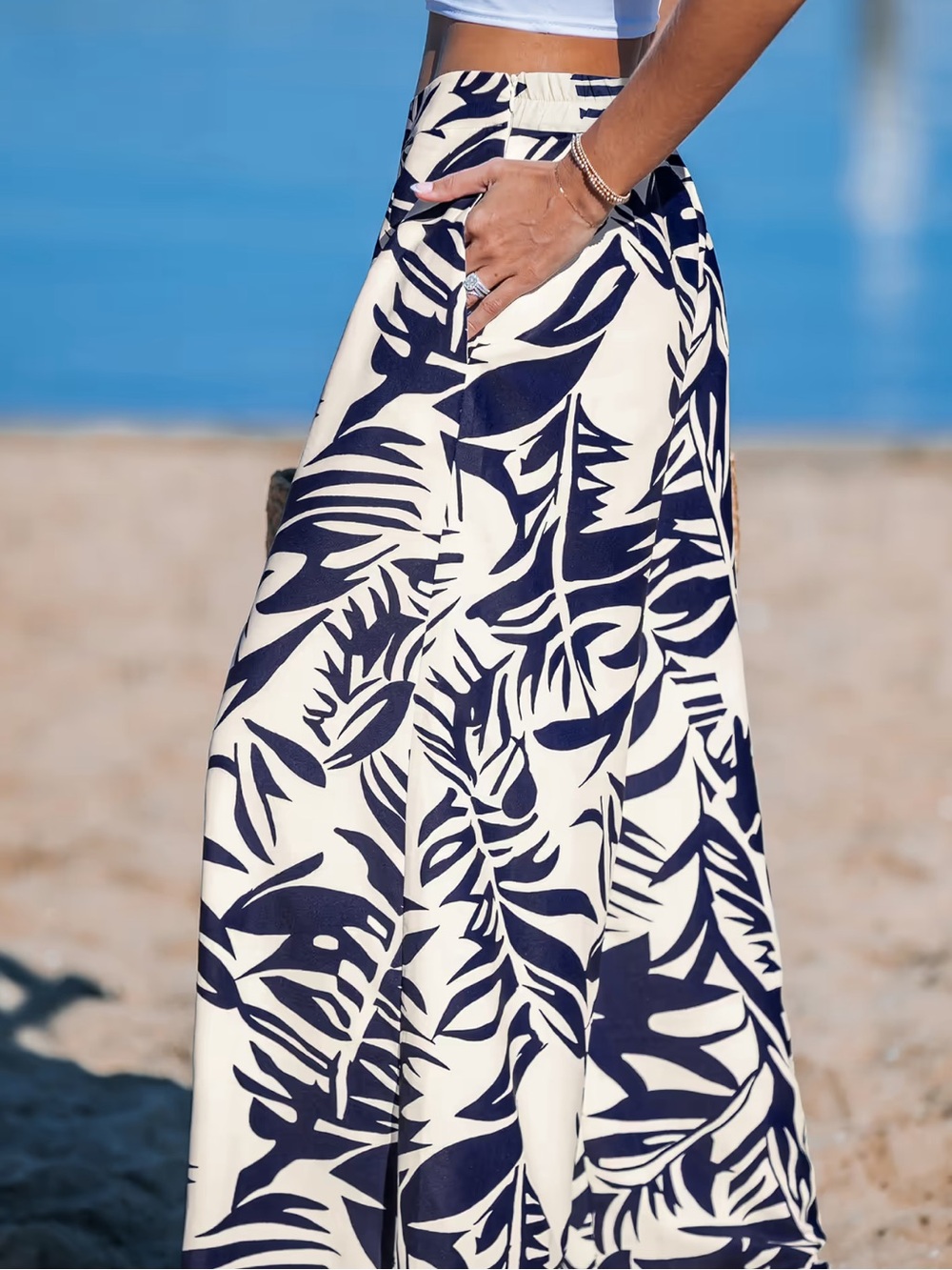 Cupshe High-Waist Navy & Cream Tropical Wide-Leg Pants - Picture 5 of 5